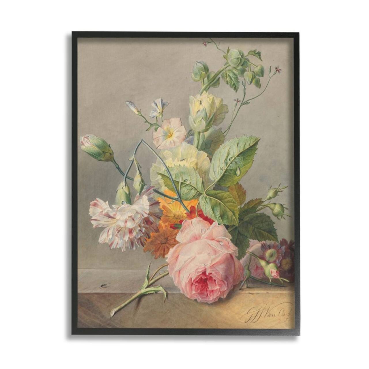 Stupell Industries Vintage Aged Pink Florals on Table Still-Life Framed Wall Art